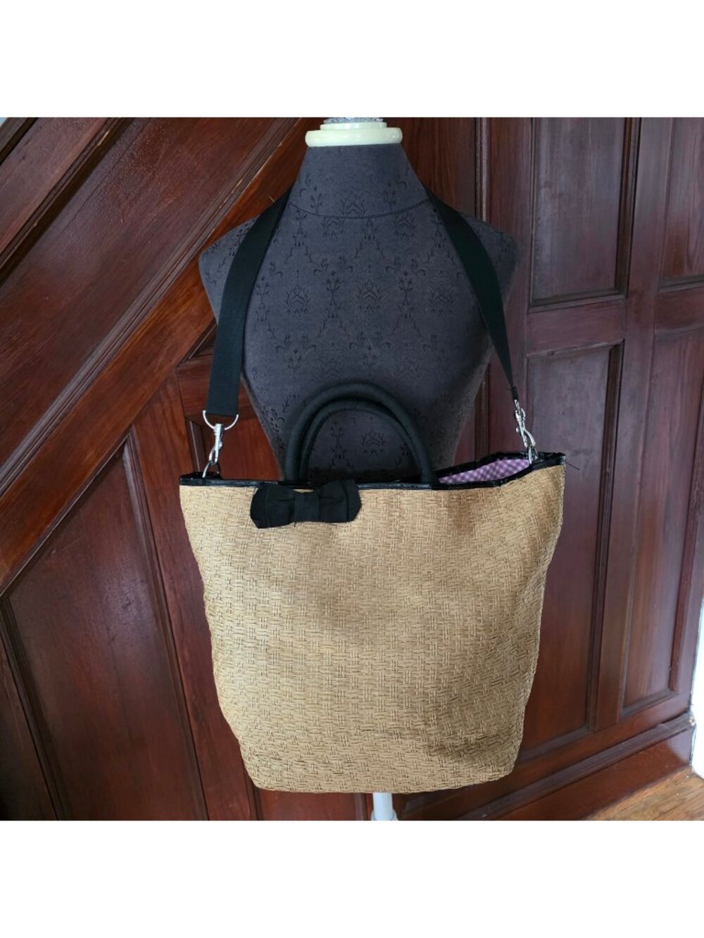 Bath & Body Works Straw Tote Bag With Black Bow Gingham Interior - Casual Beach